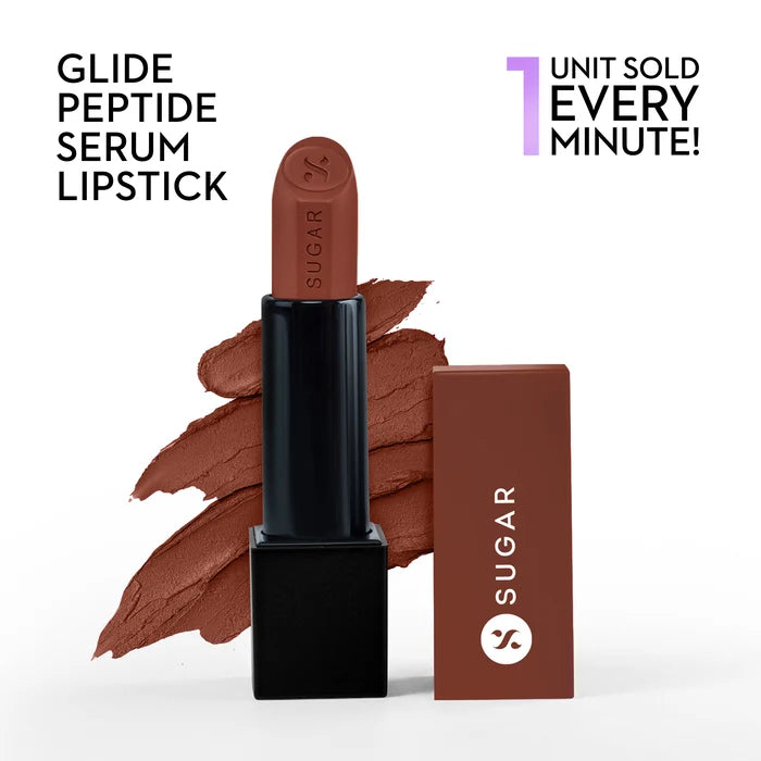 SUGAR Cosmetics Glide Peptide Serum Lipstick with Hyaluronic Acid & Vitamin E | Velvet Matte Lipstick for Indian Skin | 1-Swipe Full Coverage | 4.2gm