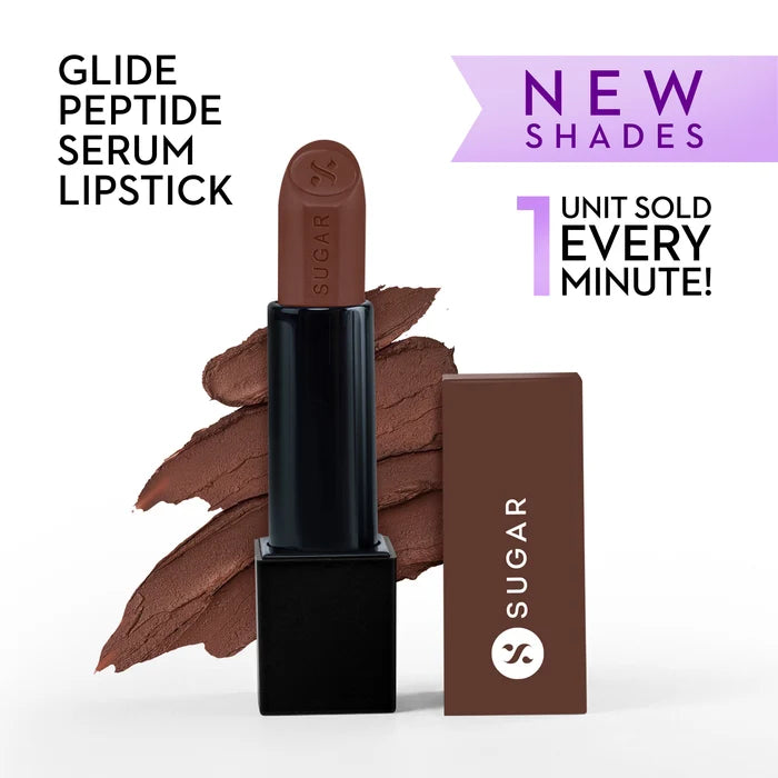 SUGAR Cosmetics Glide Peptide Serum Lipstick with Hyaluronic Acid & Vitamin E | Velvet Matte Lipstick for Indian Skin | 1-Swipe Full Coverage | 4.2gm