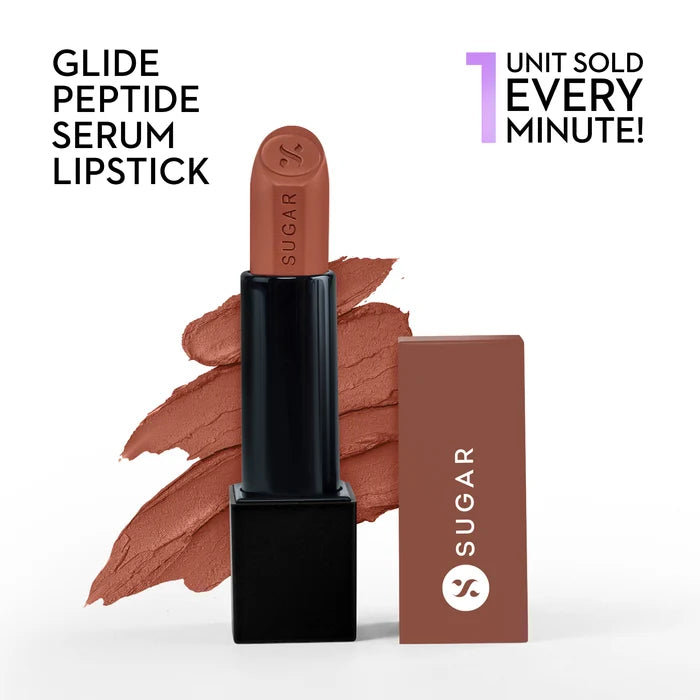 SUGAR Cosmetics Glide Peptide Serum Lipstick with Hyaluronic Acid & Vitamin E | Velvet Matte Lipstick for Indian Skin | 1-Swipe Full Coverage | 4.2gm