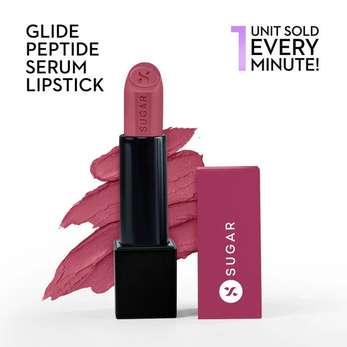 SUGAR Cosmetics Glide Peptide Serum Lipstick with Hyaluronic Acid & Vitamin E | Velvet Matte Lipstick for Indian Skin | 1-Swipe Full Coverage | 4.2gm