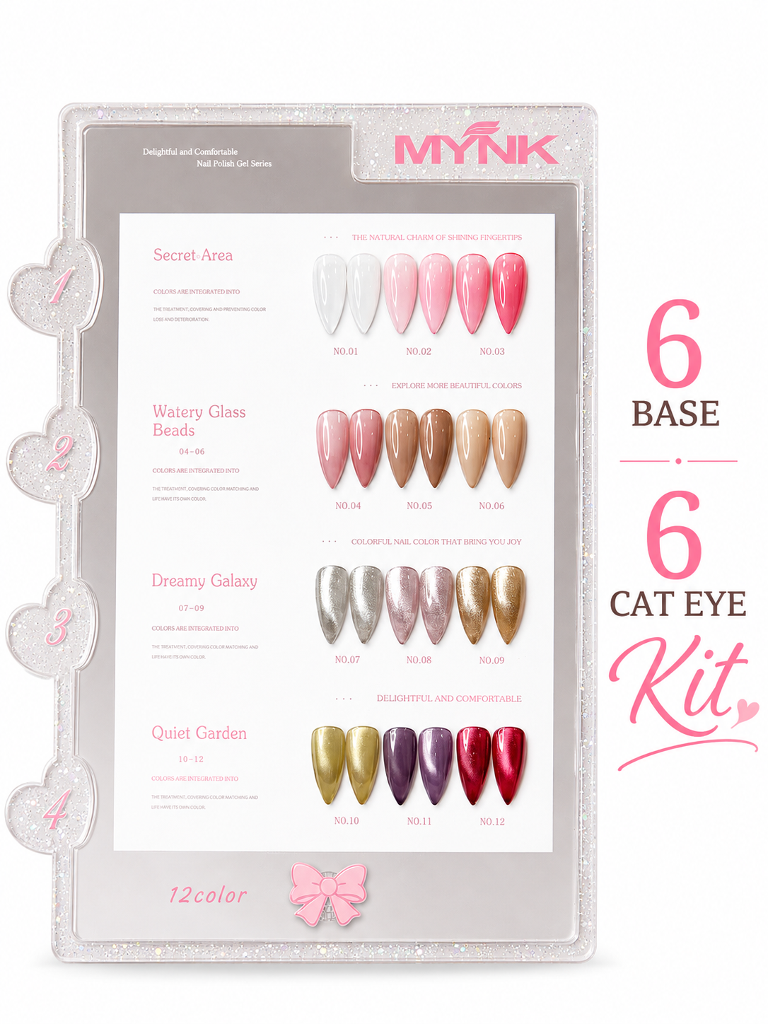 12-shade kit 6 versatile base shades, 6 striking cat-eye shades.
