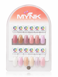 Mynk 12-color nail polish display card showing various shades of pink, nude, beige, and lavender on artificial nail tips, set against a clean white background.
