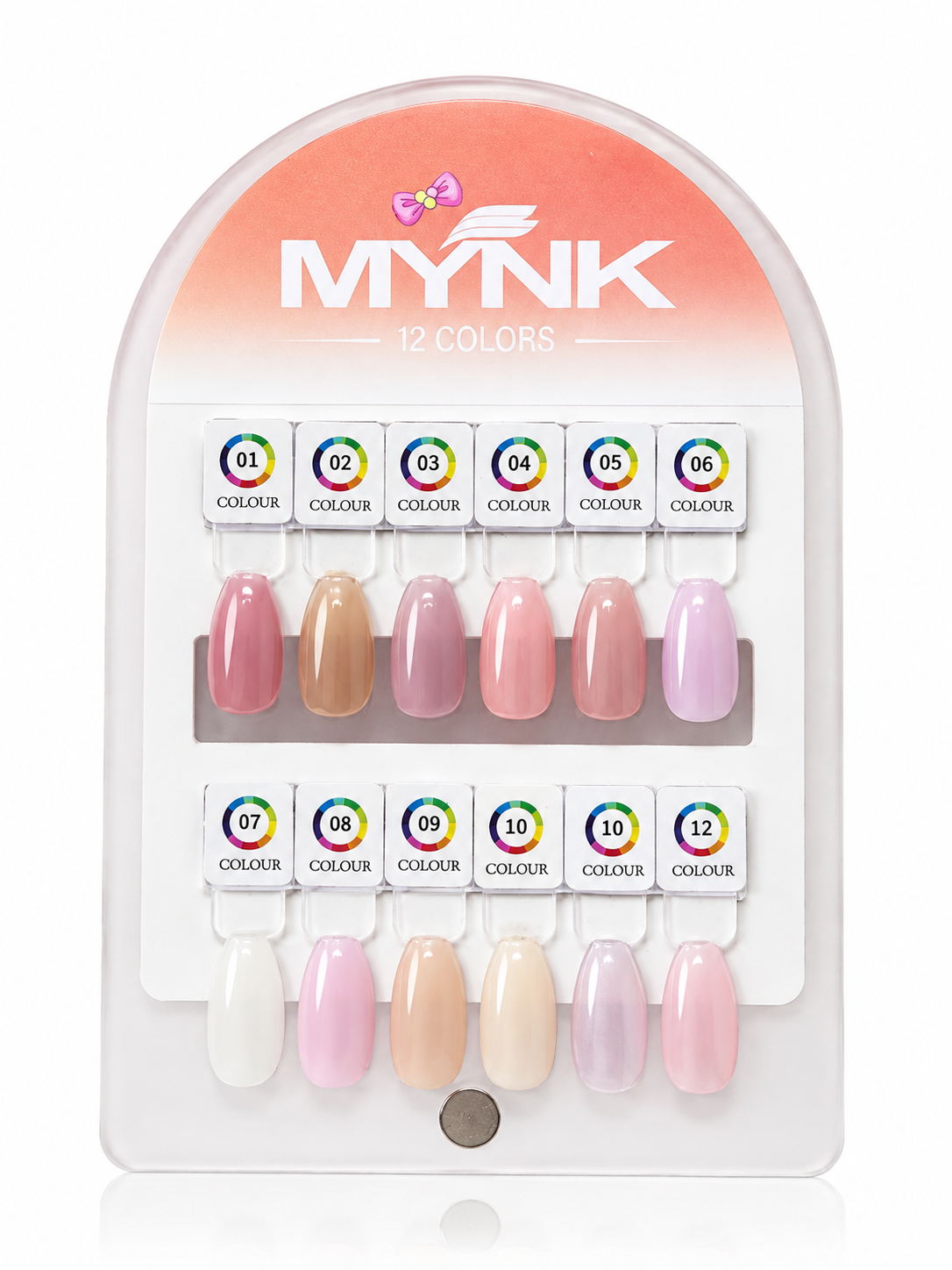 Mynk 12-color nail polish display card showing various shades of pink, nude, beige, and lavender on artificial nail tips, set against a clean white background.