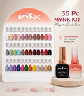 Mynk 36 Pc Mynk Kit magnetic shade card display with rows of nail polish color swatches, shown alongside two bottles of Mynk UV/LED Som Off Gel nail polish on a beige background with promotional text.