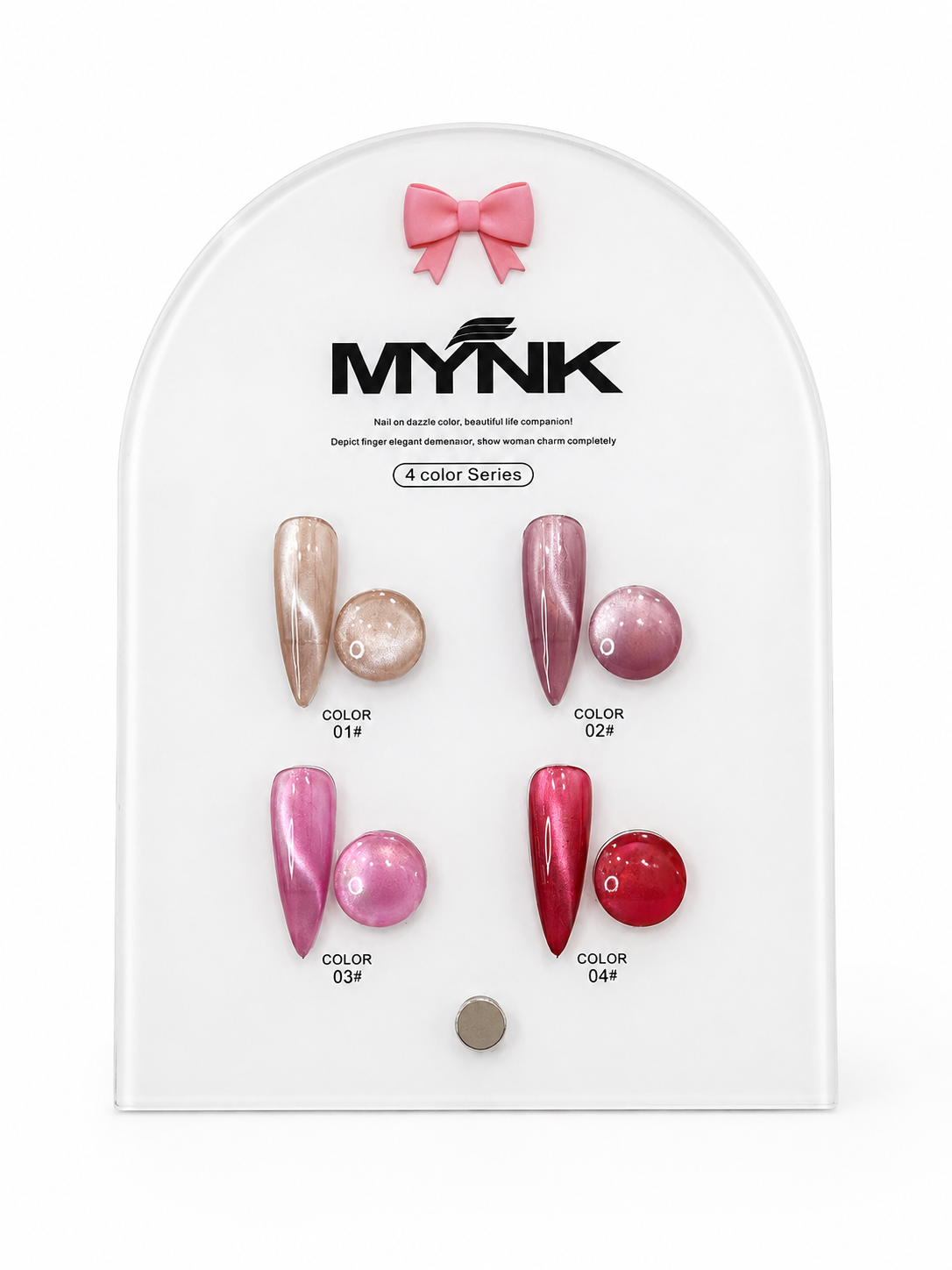 A white arched display card for MYNK press-on nails, featuring four color options: champagne beige, mauve pink, bright pink, and deep red. Each color is represented by two nail-shaped swatches and two round nail swatches, with MYNK branding and color labels at the top and bottom.