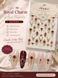 A retail display of itutu Royal Charm nail stickers, featuring a sheet of ornate gold and red jewel designs on a card, alongside five artificial nails decorated with the stickers. The background is a soft beige satin fabric.