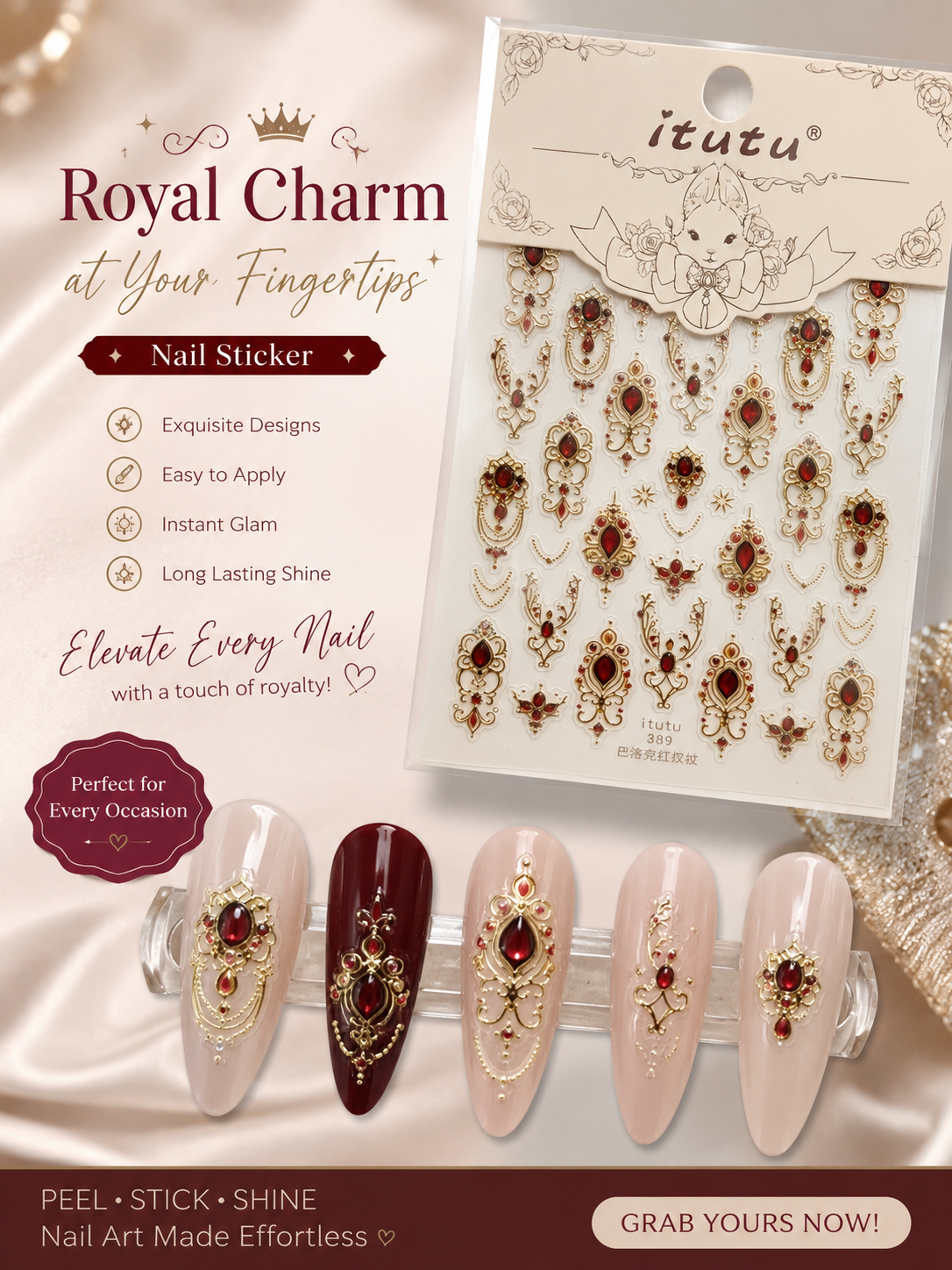 A retail display of itutu Royal Charm nail stickers, featuring a sheet of ornate gold and red jewel designs on a card, alongside five artificial nails decorated with the stickers. The background is a soft beige satin fabric.
