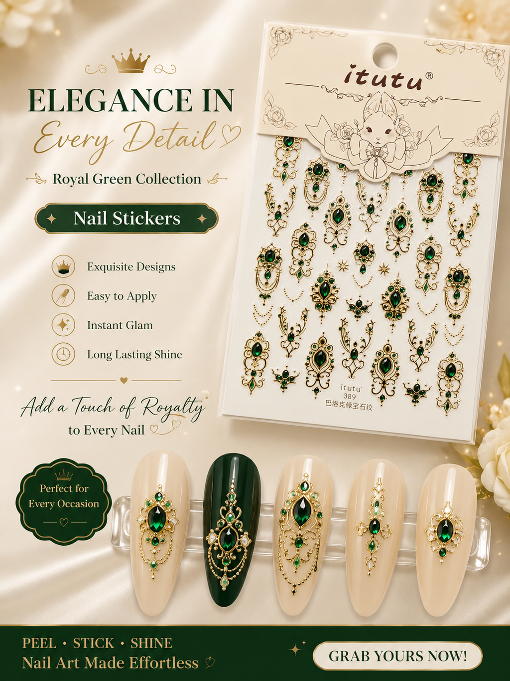 Promotional graphic for Itutu nail stickers in the Royal Green Collection, showing a package of ornate green and gold decorative nail stickers alongside five sample nails decorated with the stickers. The background is a soft beige satin fabric with decorative white roses.