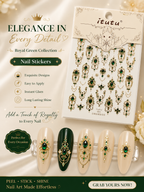 Promotional graphic for Itutu nail stickers in the Royal Green Collection, showing a package of ornate green and gold decorative nail stickers alongside five sample nails decorated with the stickers. The background is a soft beige satin fabric with decorative white roses.