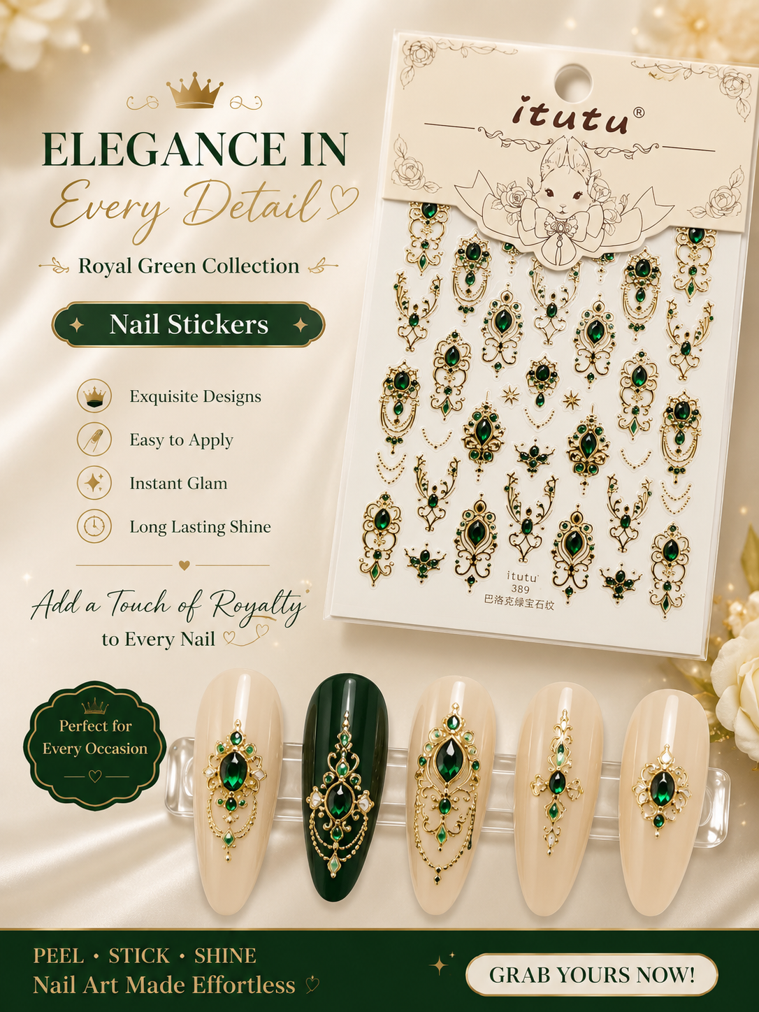 Promotional graphic for Itutu nail stickers in the Royal Green Collection, showing a package of ornate green and gold decorative nail stickers alongside five sample nails decorated with the stickers. The background is a soft beige satin fabric with decorative white roses.