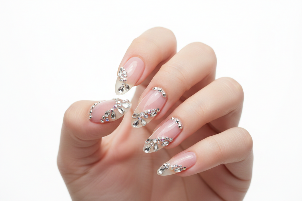 A hand holding a white retail package of 100 silver nail ornaments. The package has a deer graphic at the top and a clear window showing the rhinestone embellishments inside.