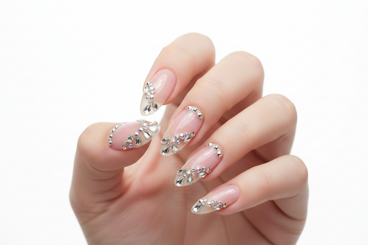 A hand holding a white retail package of 100 silver nail ornaments. The package has a deer graphic at the top and a clear window showing the rhinestone embellishments inside.