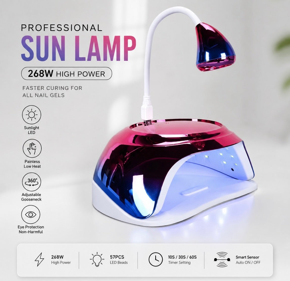Professional 2-in-1 UV lamp and torch combo  Features powerful 268W output for fast.