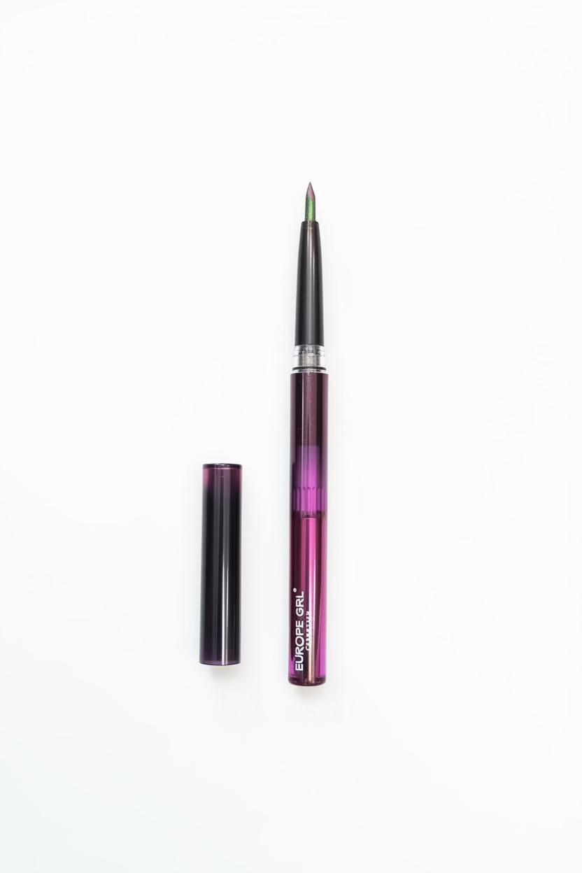 A hand holding a purple and black ballpoint pen with its cap removed, set against a background of beige clothing.