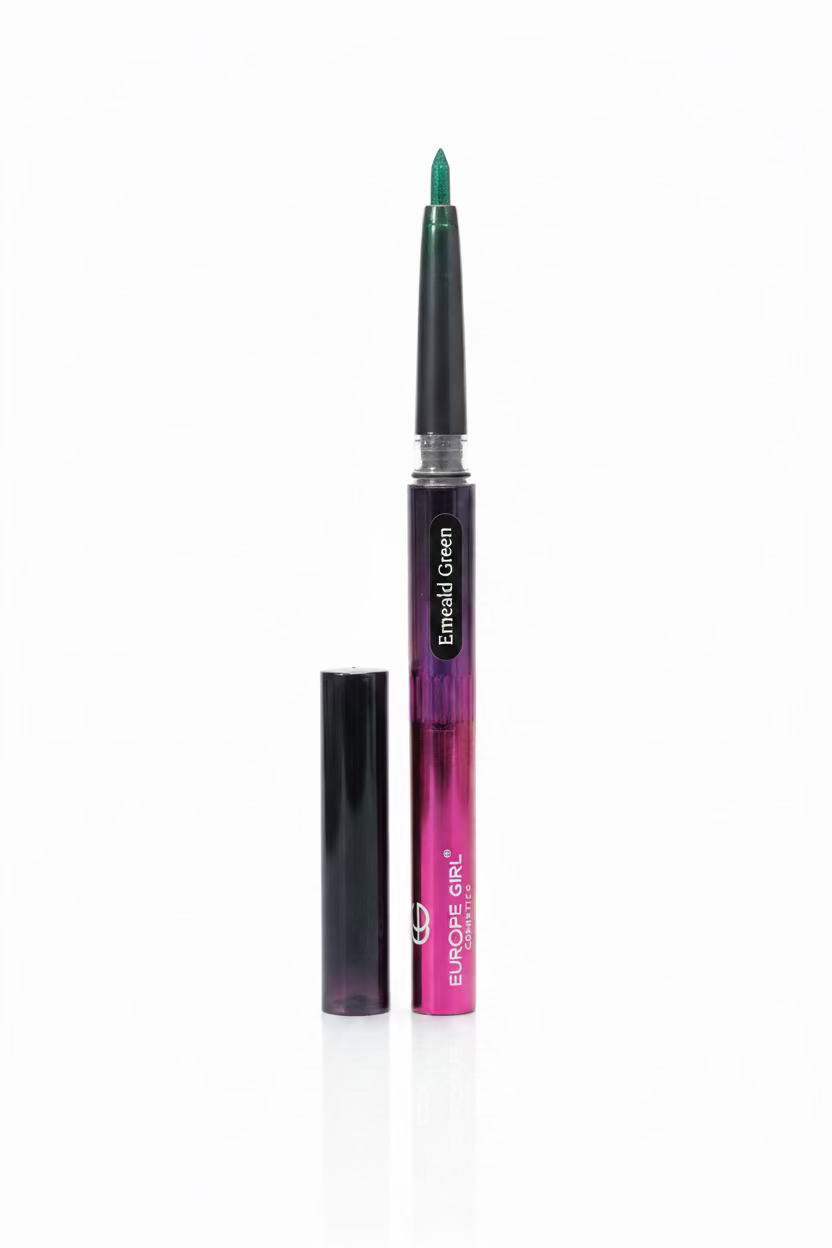 A close-up of a hand holding a dual-ended cosmetic pen with a black cap and a green-tipped applicator, showing a purple-to-pink gradient barrel with white text.