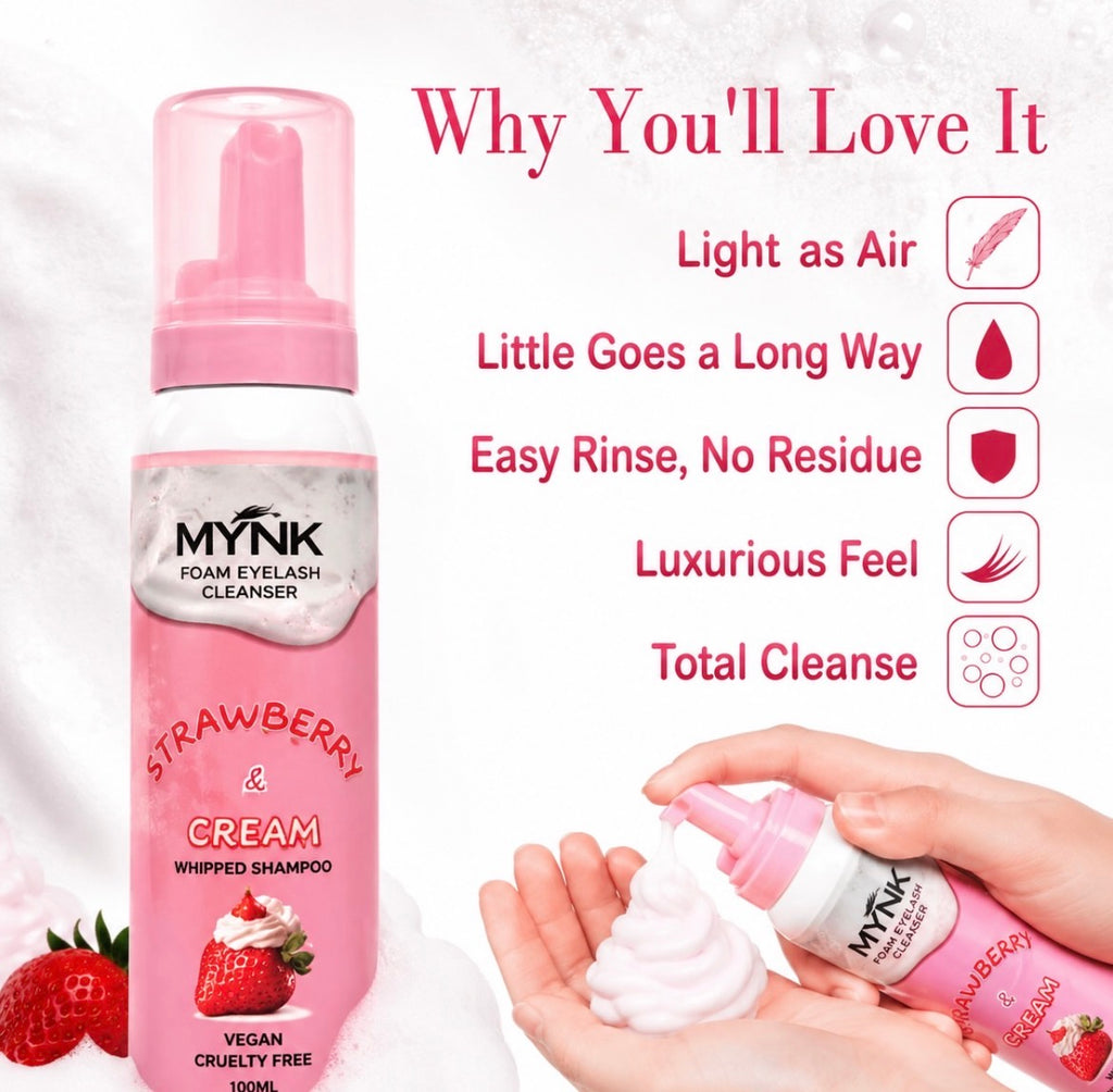 Mynk Foam Eyelash Cleanser gently removes makeup, oils, and debris from eyelash extensions and natural lashes.