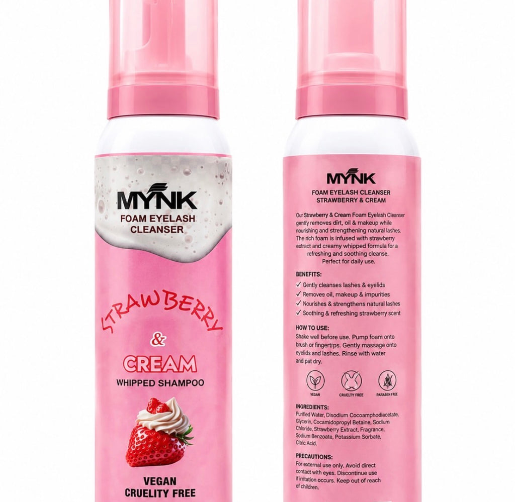 Mynk Foam Eyelash Cleanser gently removes makeup, oils, and debris from eyelash extensions and natural lashes.