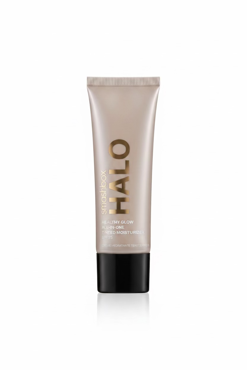 A tube of Halo Healthy Glow All-In-One Tinted Moisturizer SPF 30 standing on a glass display counter inside a retail store. The packaging is metallic silver with a black cap, and the background shows shelves filled with other cosmetics.