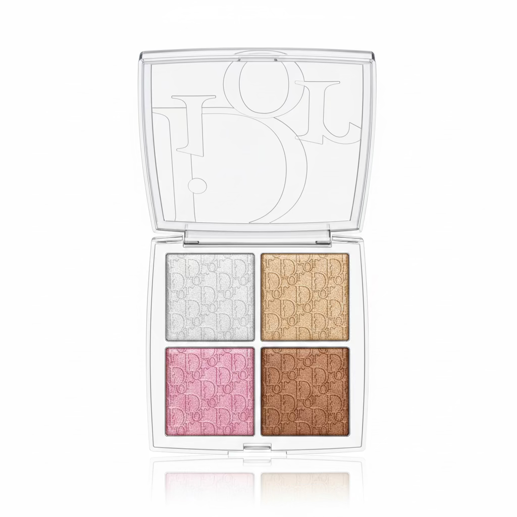 A Dior 4-pan highlighter palette held in a hand. The clear plastic case features a large Dior logo on the inside lid and shows four shimmering pans: two silver/champagne tones, one pink, and one bronze.