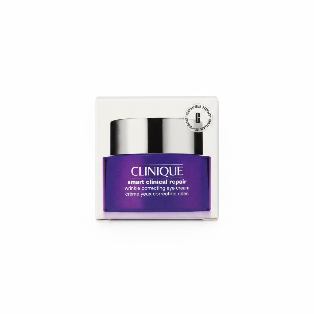 Clinique Smart Clinical Repair Wrinkle Correcting Eye Cream in a white box with a purple label, held by a hand with glittery mauve nail polish.