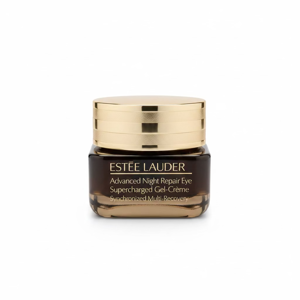 Estée Lauder Advanced Night Repair Eye Supercharged Creme in a dark brown jar with a shiny gold lid, displayed on a glass shelf in a retail store.