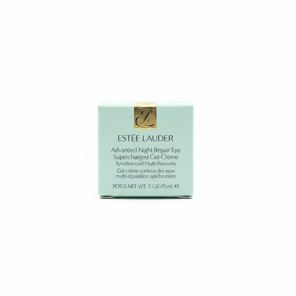 Estée Lauder Advanced Night Repair Eye Supercharged Gel-Crème in a light blue box, displayed on a glass shelf in a retail store with a laptop and other products in the background.