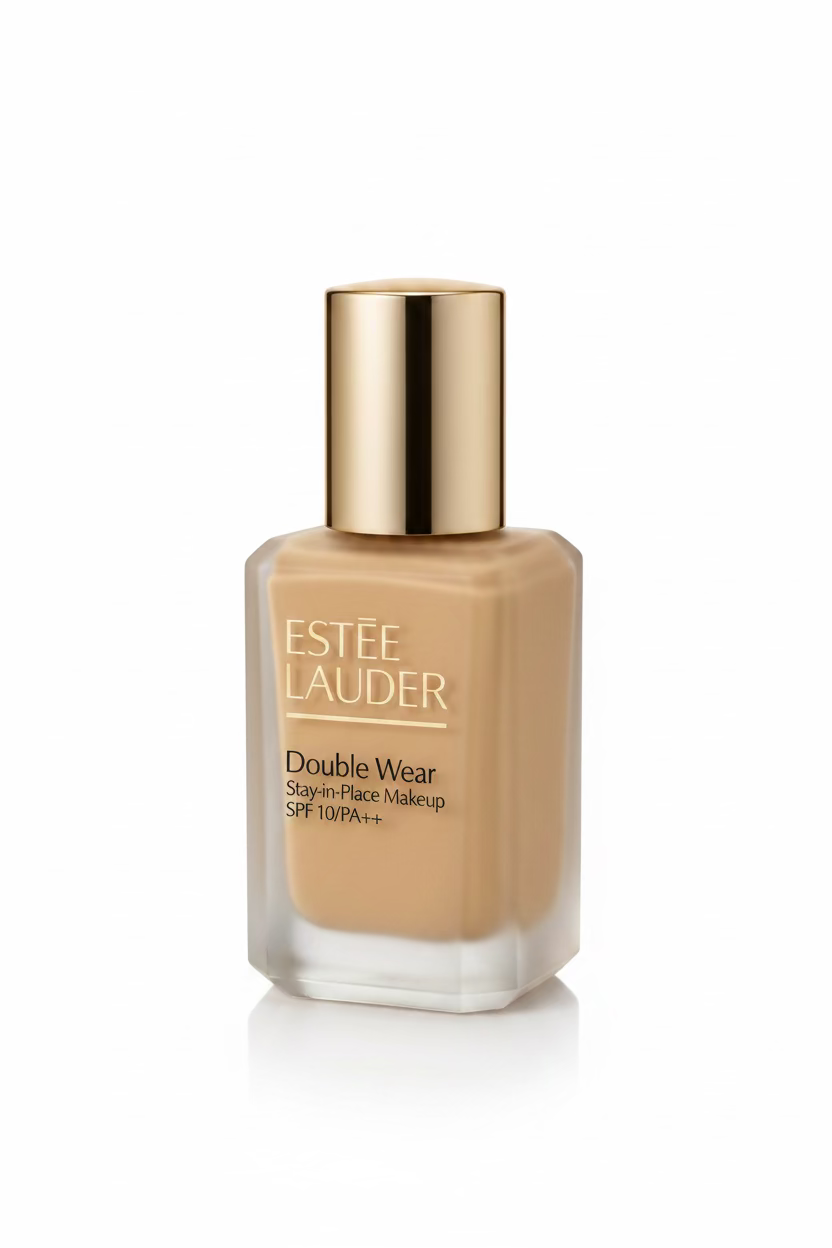 Estée Lauder Double Wear Stay-in-Place Makeup SPF 10/PA++ foundation bottle with a metallic silver cap, placed on a reflective glass surface with a laptop and red folder in the background.