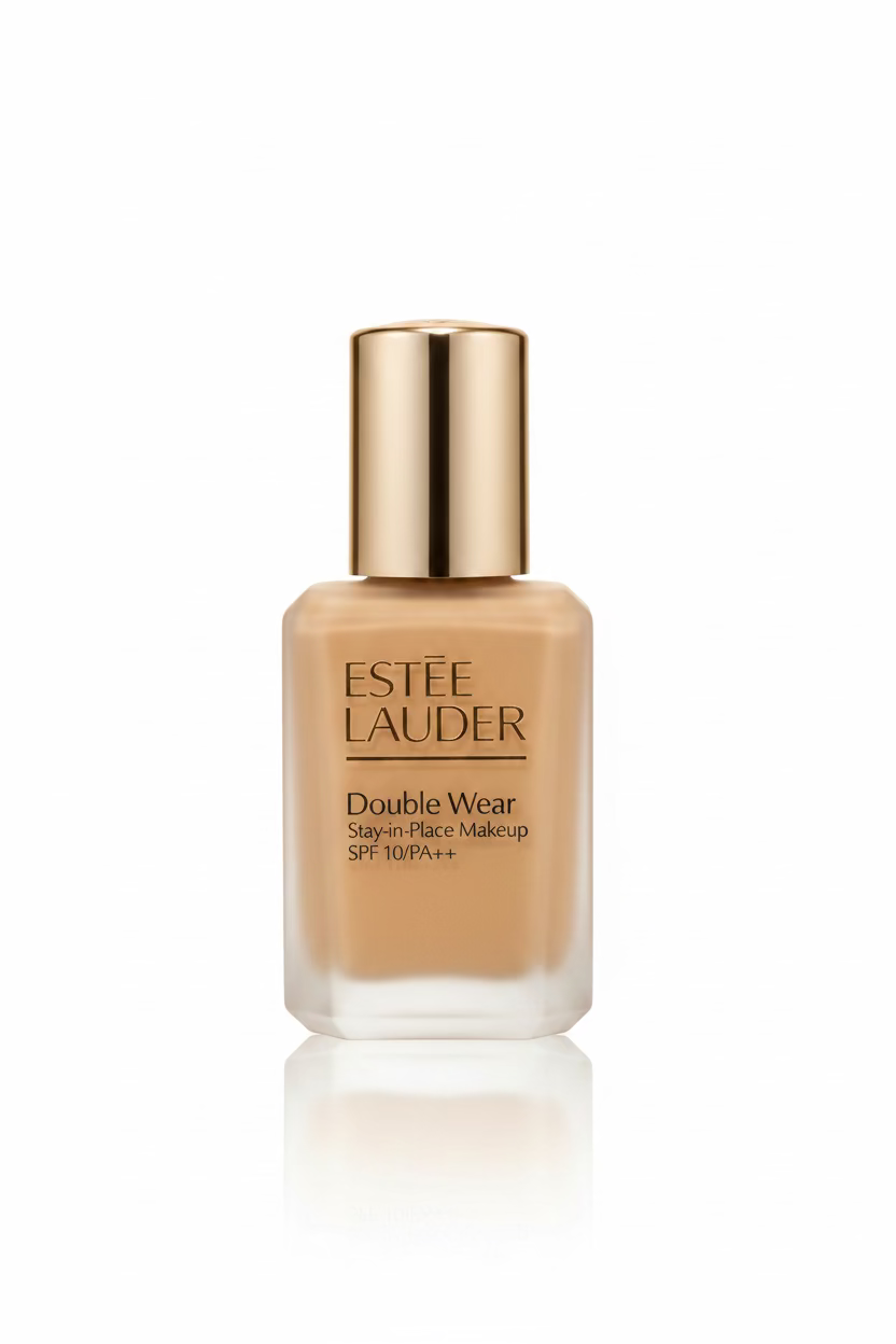 Estée Lauder Double Wear Stay-in-Place Makeup SPF 10+ PA++ liquid foundation in a frosted glass bottle with a metallic gold cap, displayed on a glass surface with its blue box in the background.