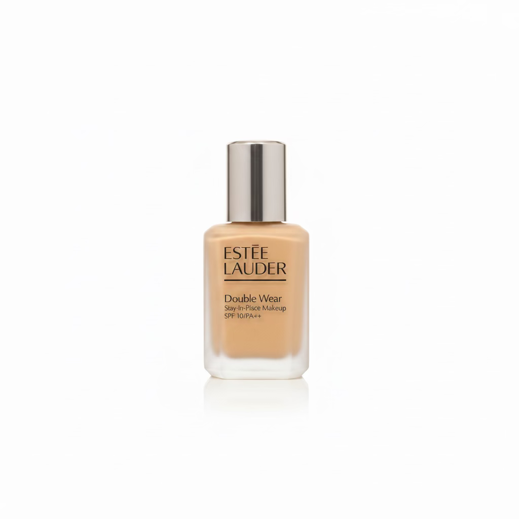 Estée Lauder Double Wear Stay-in-Place Makeup SPF 30 foundation bottle in the shade 2350 on a glass counter, with its blue box next to it and a laptop in the background.