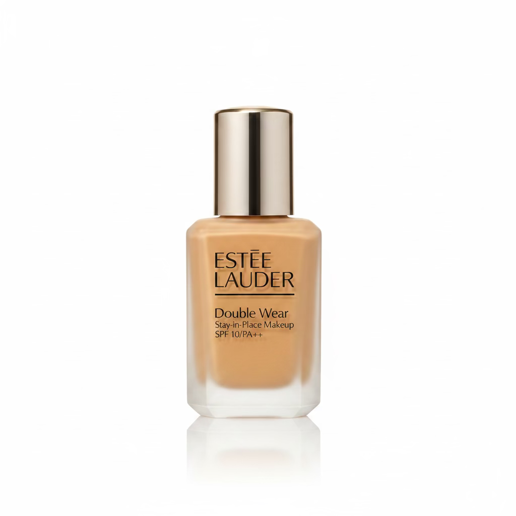 Estée Lauder Double Wear Stay-in-Place Makeup SPF 10/PA++ liquid foundation bottle with a silver cap, displayed on a glass counter in a retail setting with shelves and a laptop in the background.