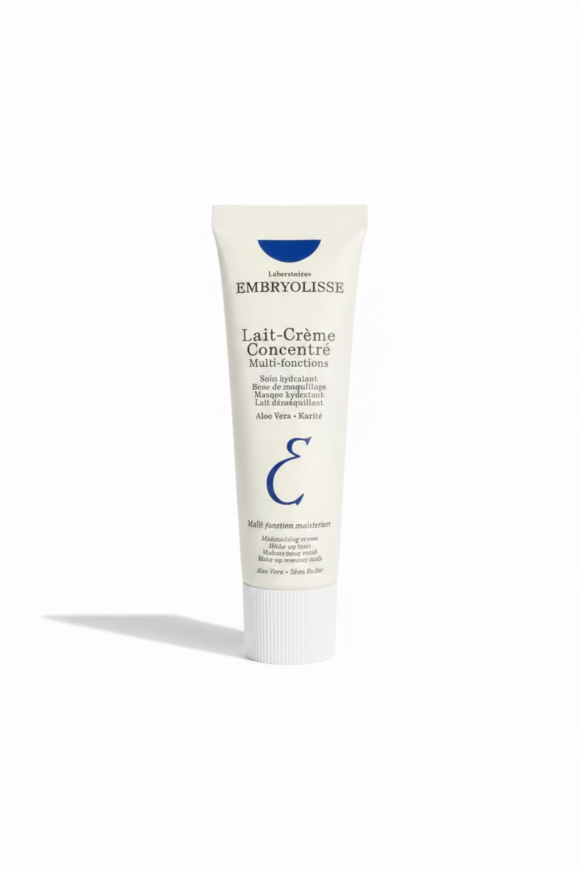 A hand holding a white squeeze tube of Laboratoires Embryolisse Lait-Crème Concentré Multi-fonctions moisturizer cream, with a person's jeans and shoes visible in the background.