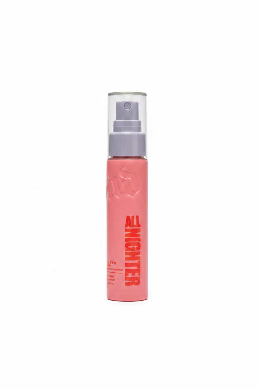 A pink spray bottle of Tinglez Nightgazer insect repellent spray with a clear cap, standing on a glass display counter inside a retail store.