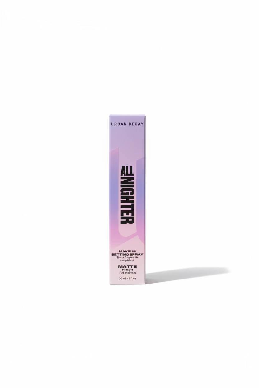 A box of Urban Decay All Nighter Maximum Cover Spray in the Matte finish, standing on a glass display counter inside a retail store. The pink and purple packaging is clearly visible, with other products and a laptop in the background.