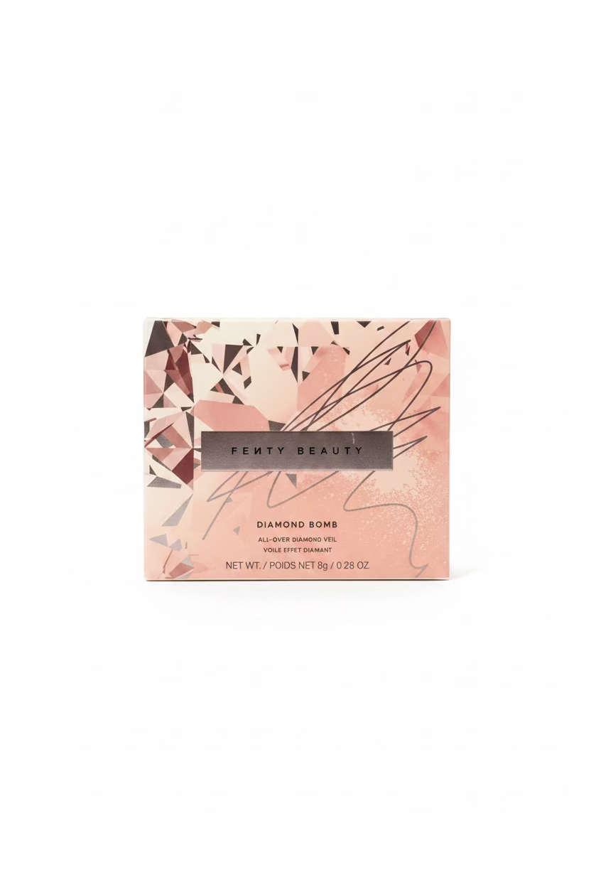Fenty Beauty Diamond Smoke All-Over Smoothing Gel in a pink geometric-patterned box, displayed on a glass shelf alongside other cosmetic products.