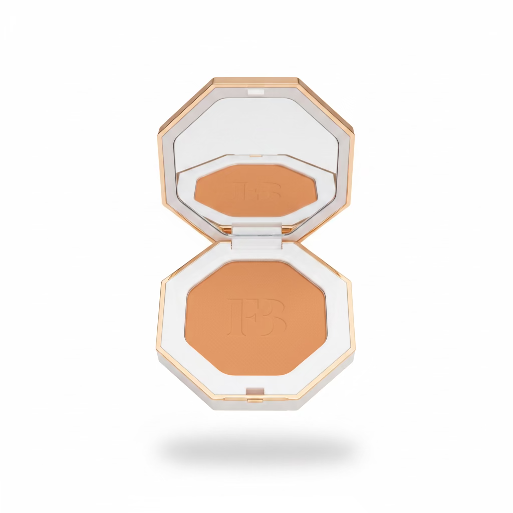 A hand holding an open octagonal makeup compact with a mirror on the lid and a warm tan pressed powder pan featuring an embossed 'FB' logo. The compact has a white and pale pink frame with gold-toned edges, set against a striped shirt and a cluttered indoor background.