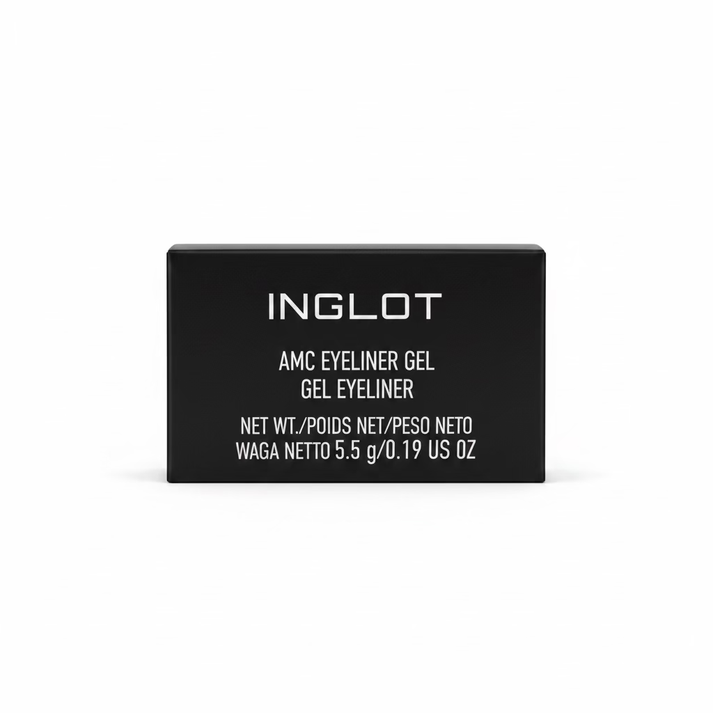 A black rectangular box of INGLOT AMC Eyeliner Gel with white text, photographed close-up on a reflective glass surface.