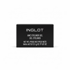 A black rectangular box of INGLOT AMC Eyeliner Gel with white text, photographed close-up on a reflective glass surface.