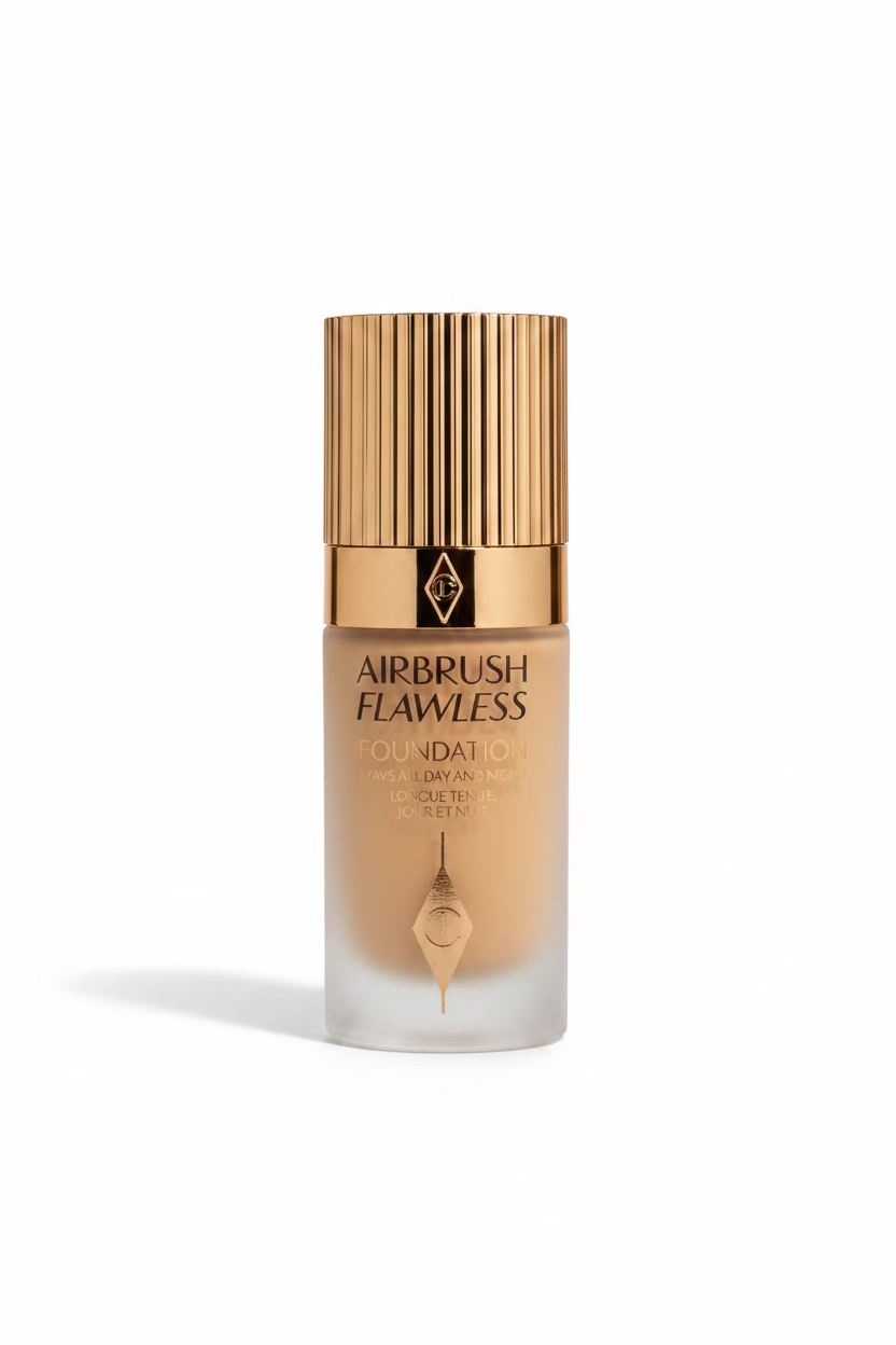 A bottle of Charlotte Tilbury Airbrush Flawless Foundation in the 'Pure Gold' shade, featuring a ribbed metallic gold cap and a frosted glass bottle with a gold collar, displayed on a glass shelf with other cosmetic packaging in the background.