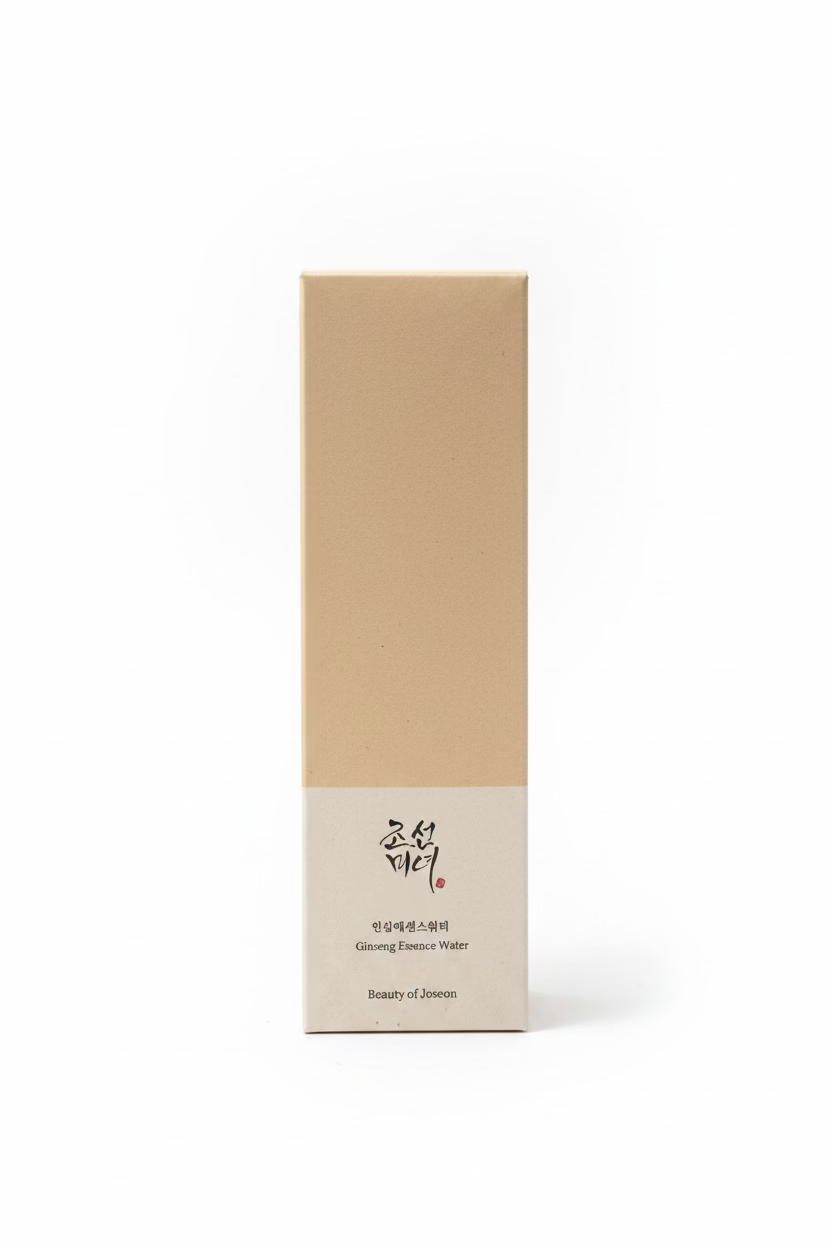 A tall rectangular box of Beauty of Joseon Ginseng Essence Water standing on a glass display shelf, with other cosmetic boxes blurred in the background.
