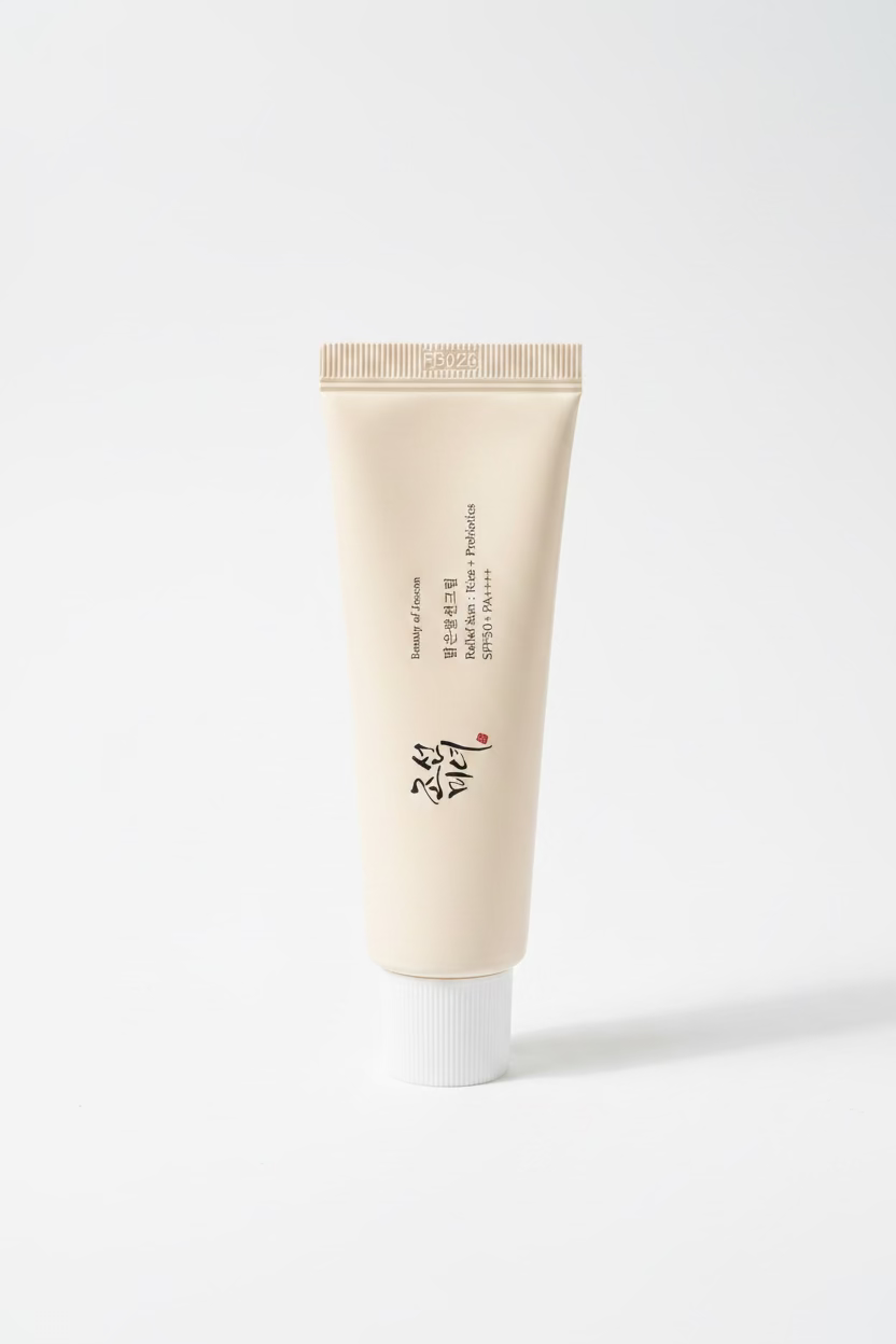 A beige cosmetic tube labeled 'Beauty of Joseon' and 'Probiotics SPF 30+' stands on a reflective glass counter in a retail setting, with product boxes and shelves visible in the background.