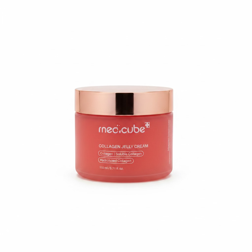 A jar of mec.cube Collagen Jelly Cream placed on a glass display shelf in a retail store, with a blurred shop interior and a person visible in the background.