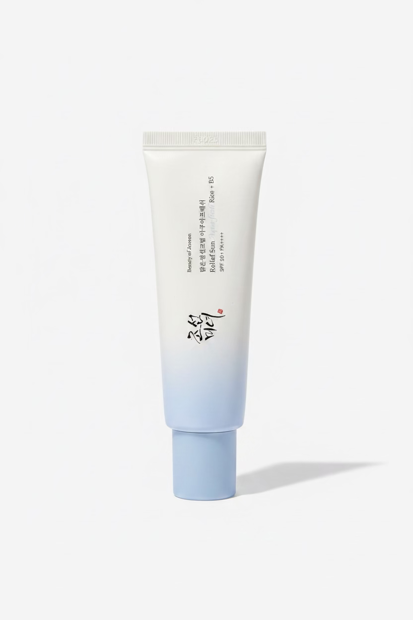 A white cosmetic tube with blue cap and black Korean text, standing on a display counter in a retail store.