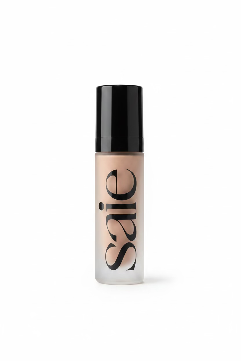 A frosted glass bottle of Saie liquid foundation with a black cap, standing on a glass counter in a retail store. A person's hands and a laptop are visible in the blurred background.