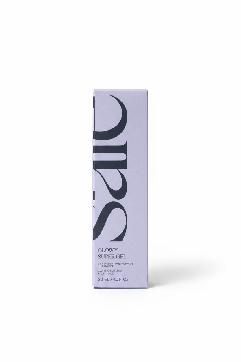 A tall rectangular box of SCF Glowy Super Gel moisturizer standing on a glass counter in a retail store. The box is light lavender with large black SCF lettering and product text near the bottom.