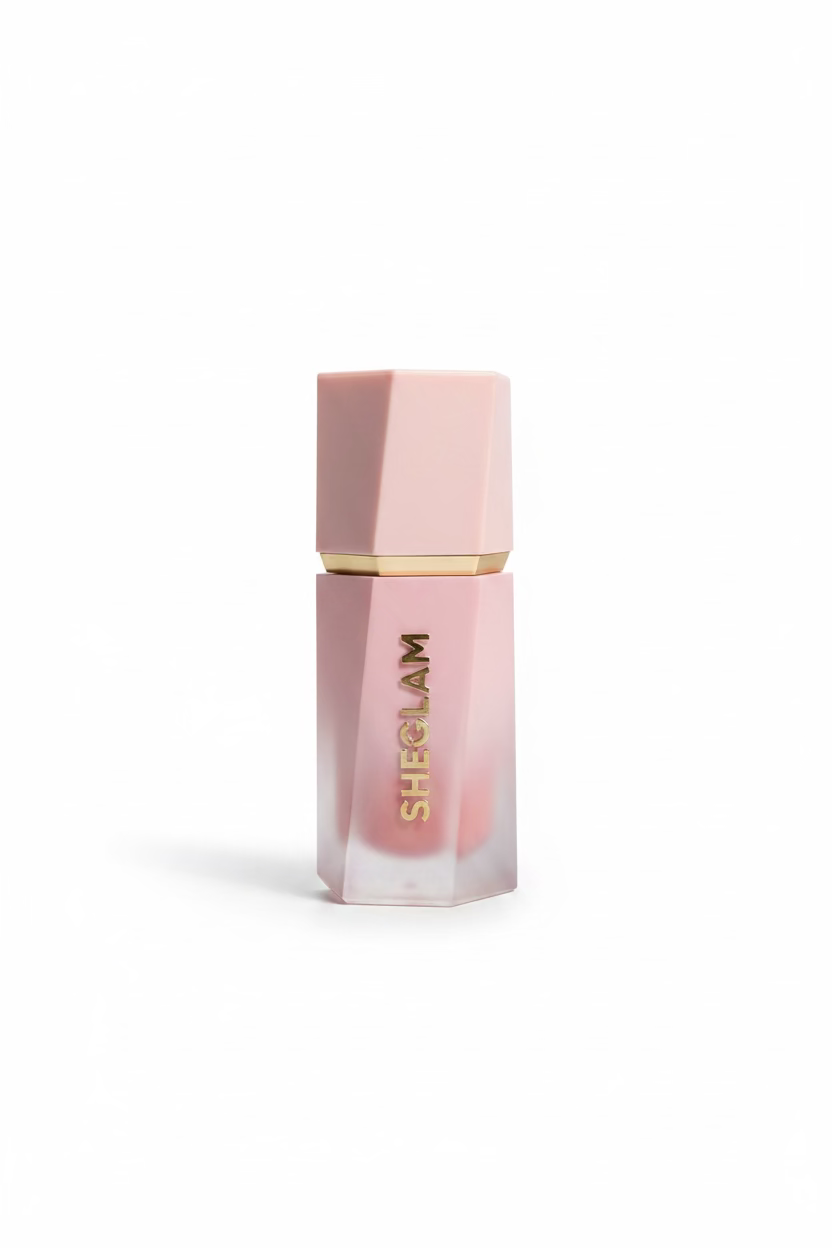 A pink faceted perfume bottle with gold lettering that reads 'SHEGLAM' stands on a glass display counter inside a retail store. The background shows store fixtures, products, and a person partially visible on the right.