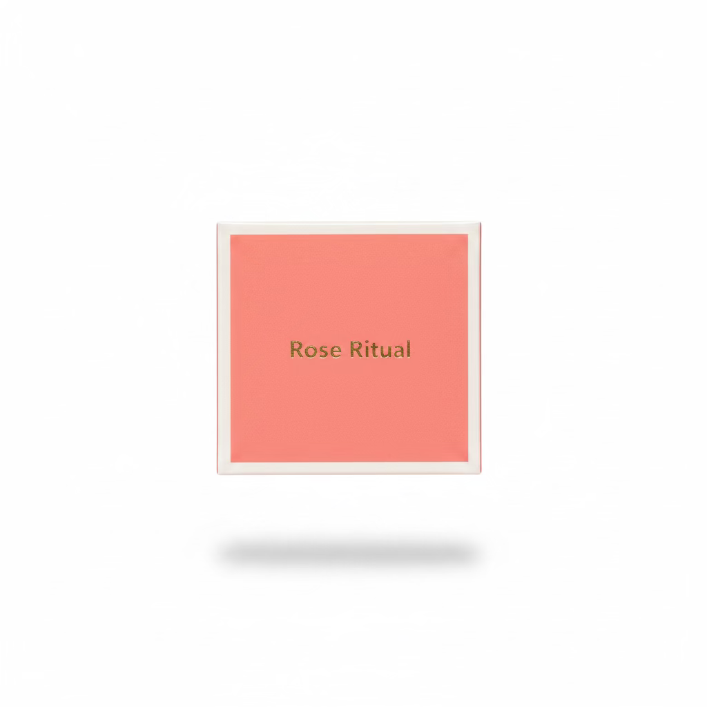 A hand holding a square pink cosmetic compact or box labeled 'Rose Ritual' in green text, with a pink product swatch visible on the front. The person is wearing dark blue jeans, and a store or room background is visible.