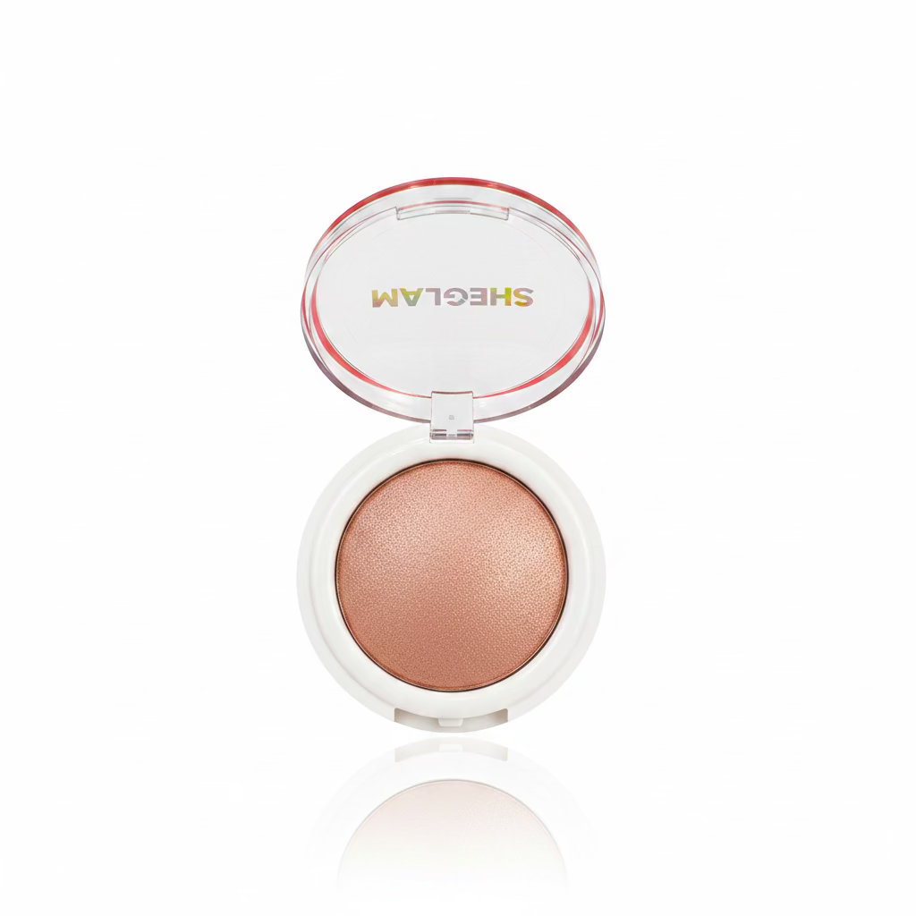A hand holding an open round makeup compact with a shimmery rose-gold pressed powder and a translucent red lid. The brand name 'SHEGLAM' is visible on the inner lid.