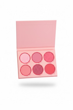 A hand holding an open six-pan blush palette with pink packaging and various shades of pink and rose blushes, set against a casual indoor background.