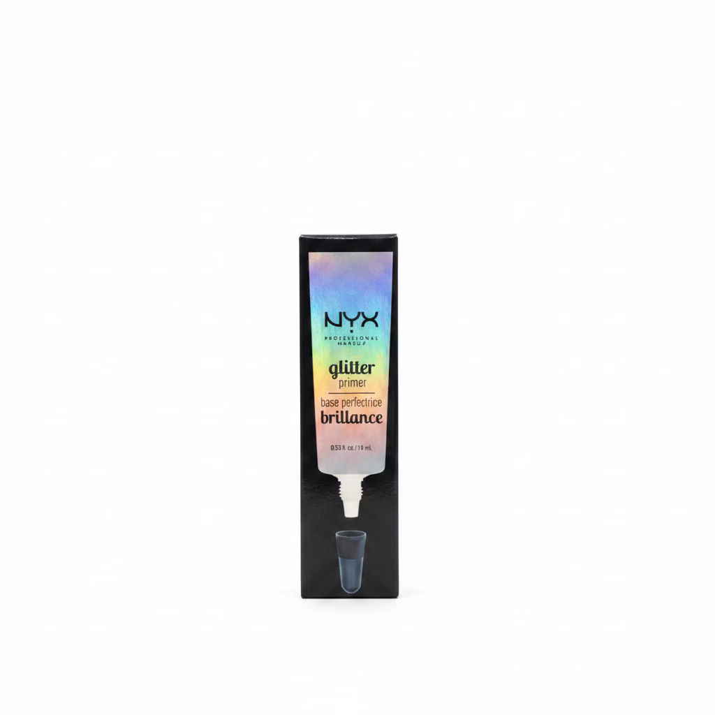 A tube of NYX Glitter Primer in the shade 'Brilliance' with an iridescent holographic cap, standing upright on a glass counter inside a retail store.