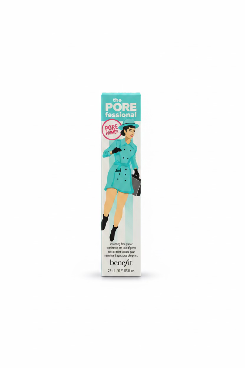 Benefit The Pore Fessional Pore Power makeup primer in its original box packaging, displayed on a glass counter inside a retail store.